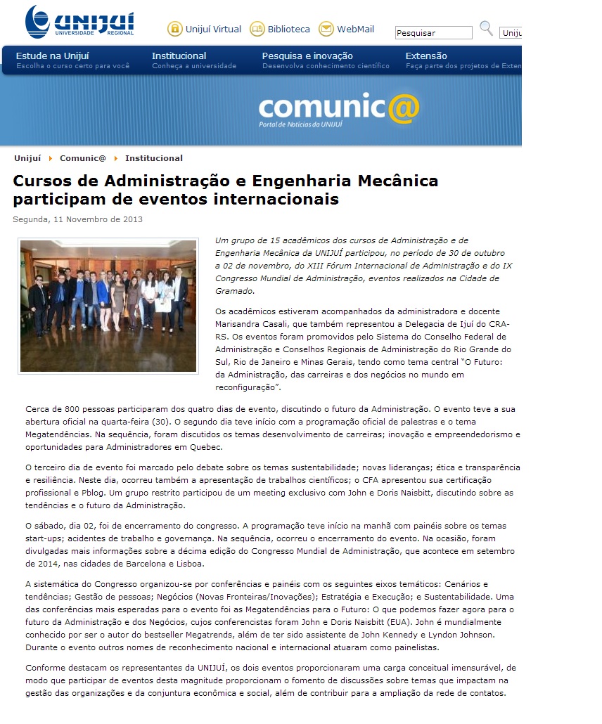 Cursos de Administração e Engenharia Mecânica participam de eventos internacionais